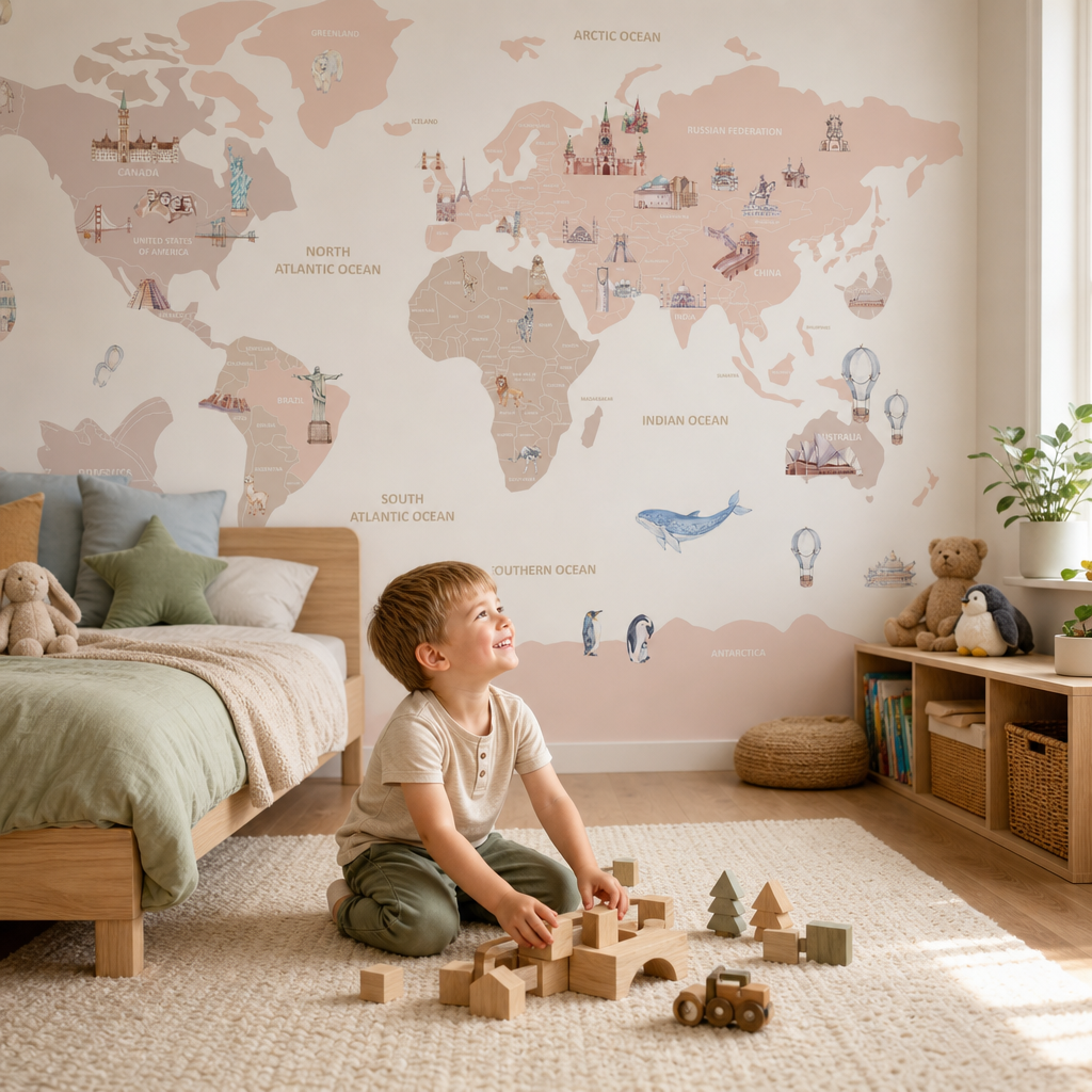 World Map with Landmarks kids room mockup