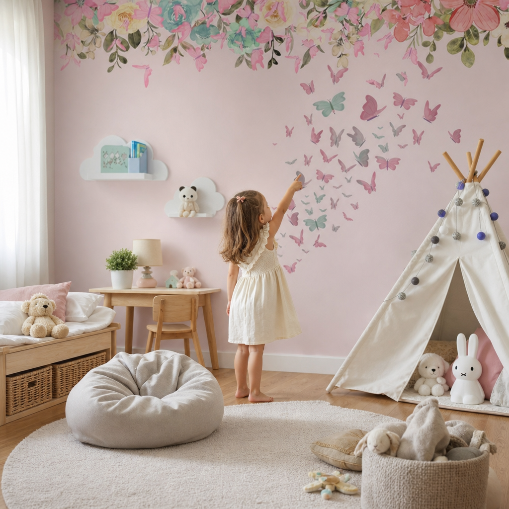 Pink butterflies kids room mockup
