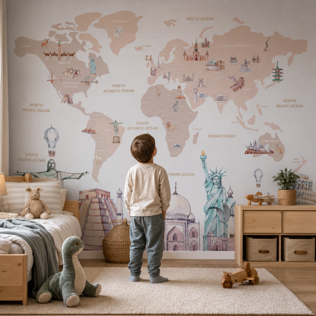 World Map & Landmarks kids room mockup