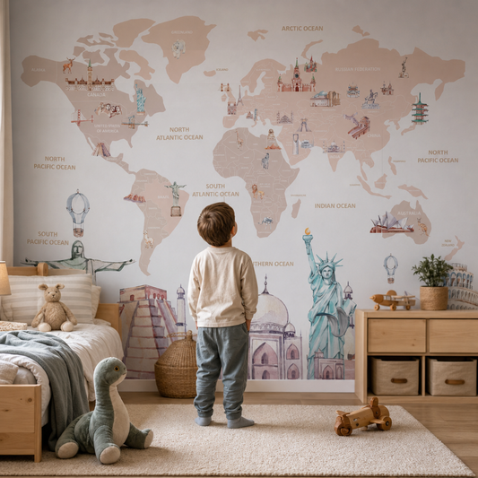 World Map & Landmarks kids room mockup