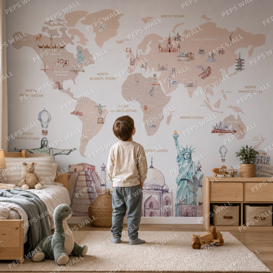 World Map & Landmarks kids room mockup