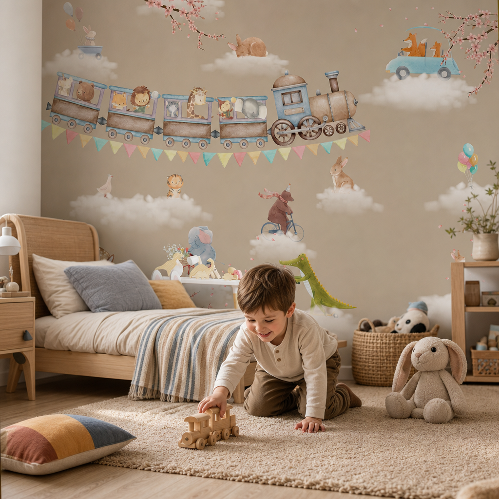 Toy train in the clouds kids room mockup