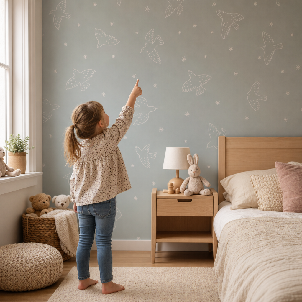 Whimsy Birds - Blue kids room mockup