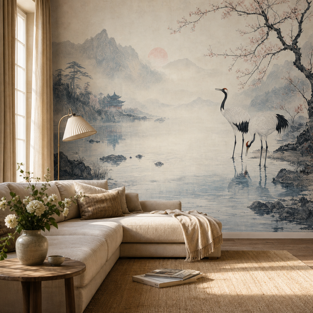 Sakura and Cranes living room mockup