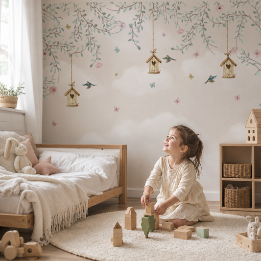 Flowers and birds kids room mockup