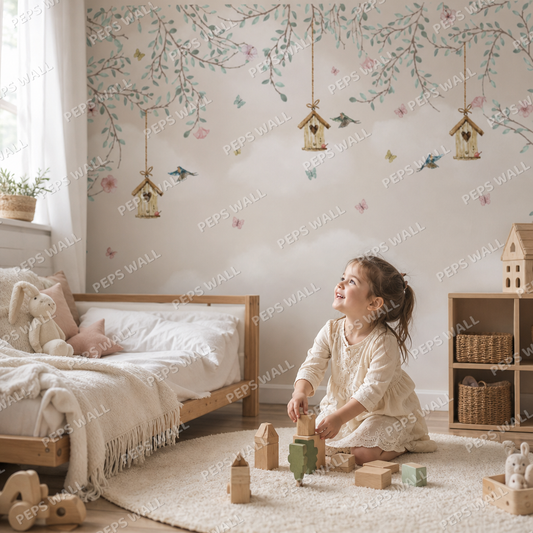 Flowers and birds kids room mockup