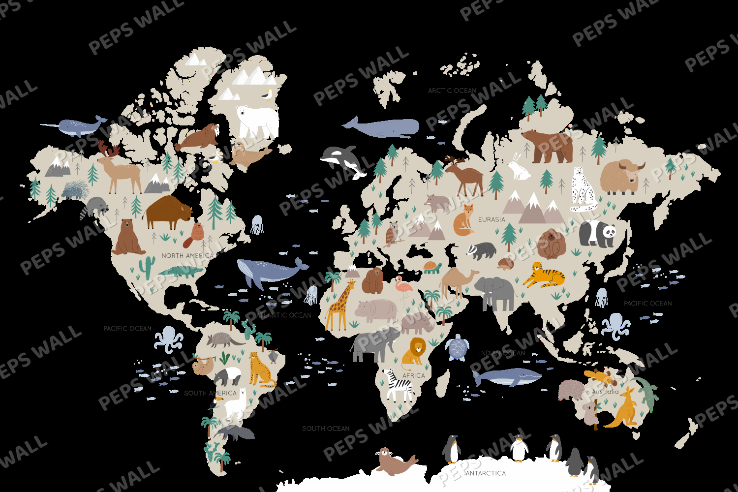 World Map - Watercolor Animals