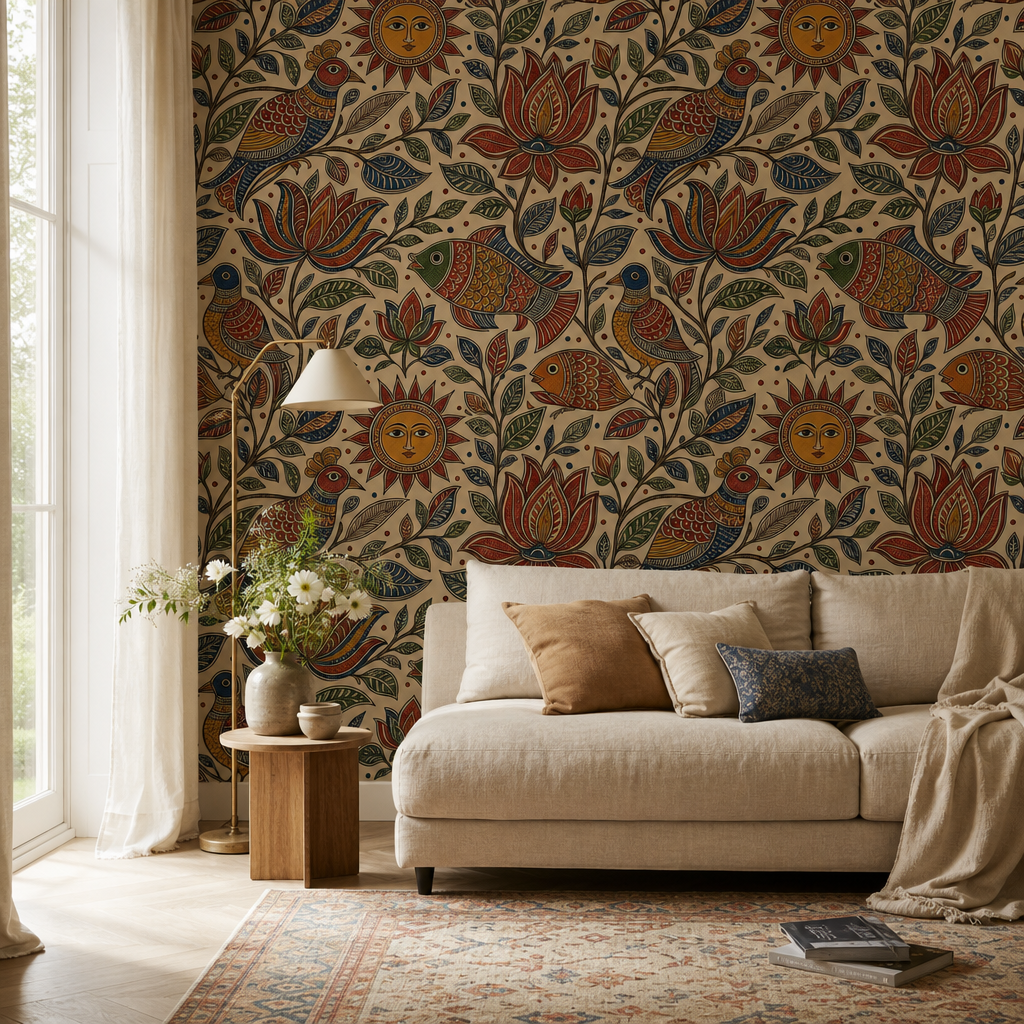 Madhubani Folk Pattern living room mockup