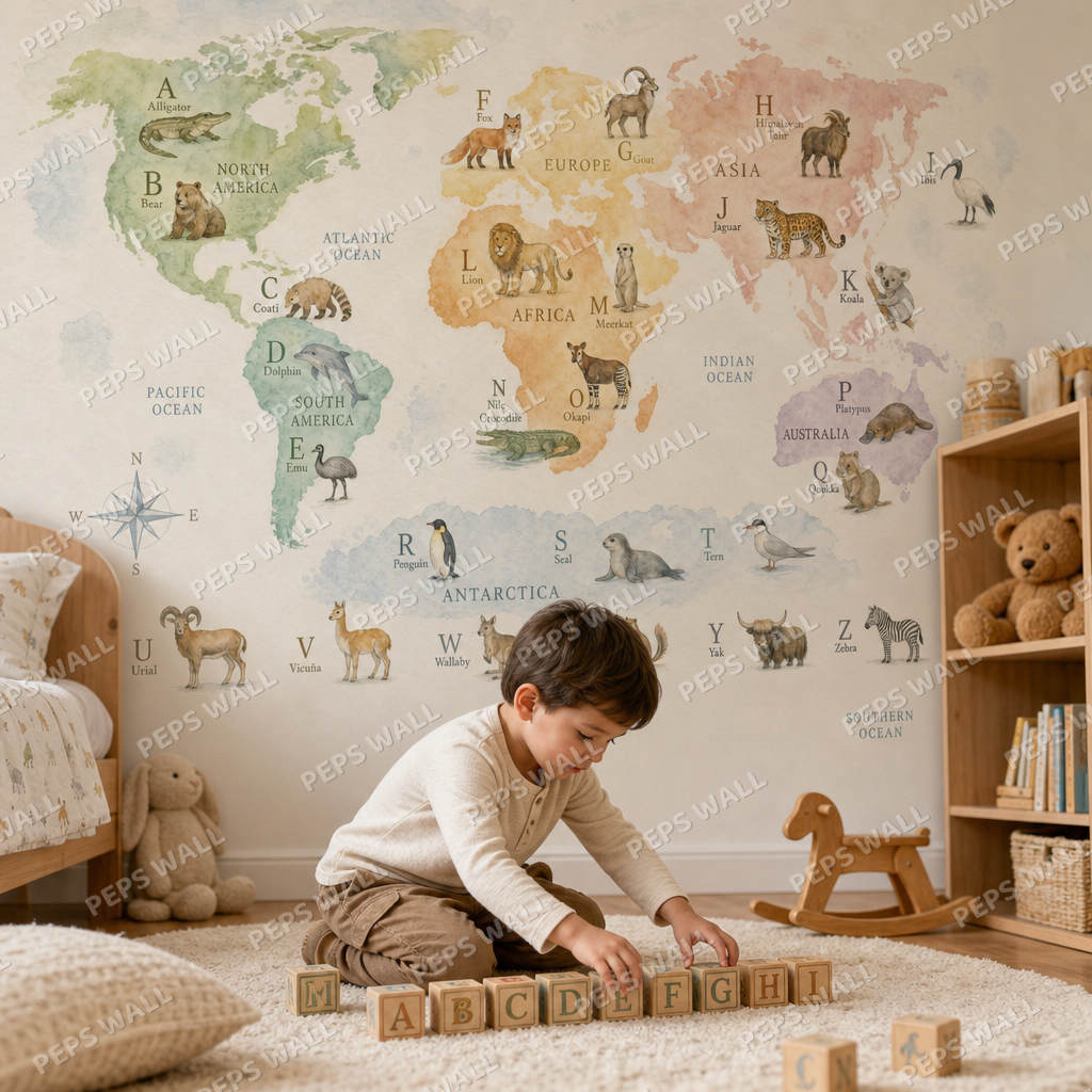Alphabet World Map - Watercolor kids room mockup