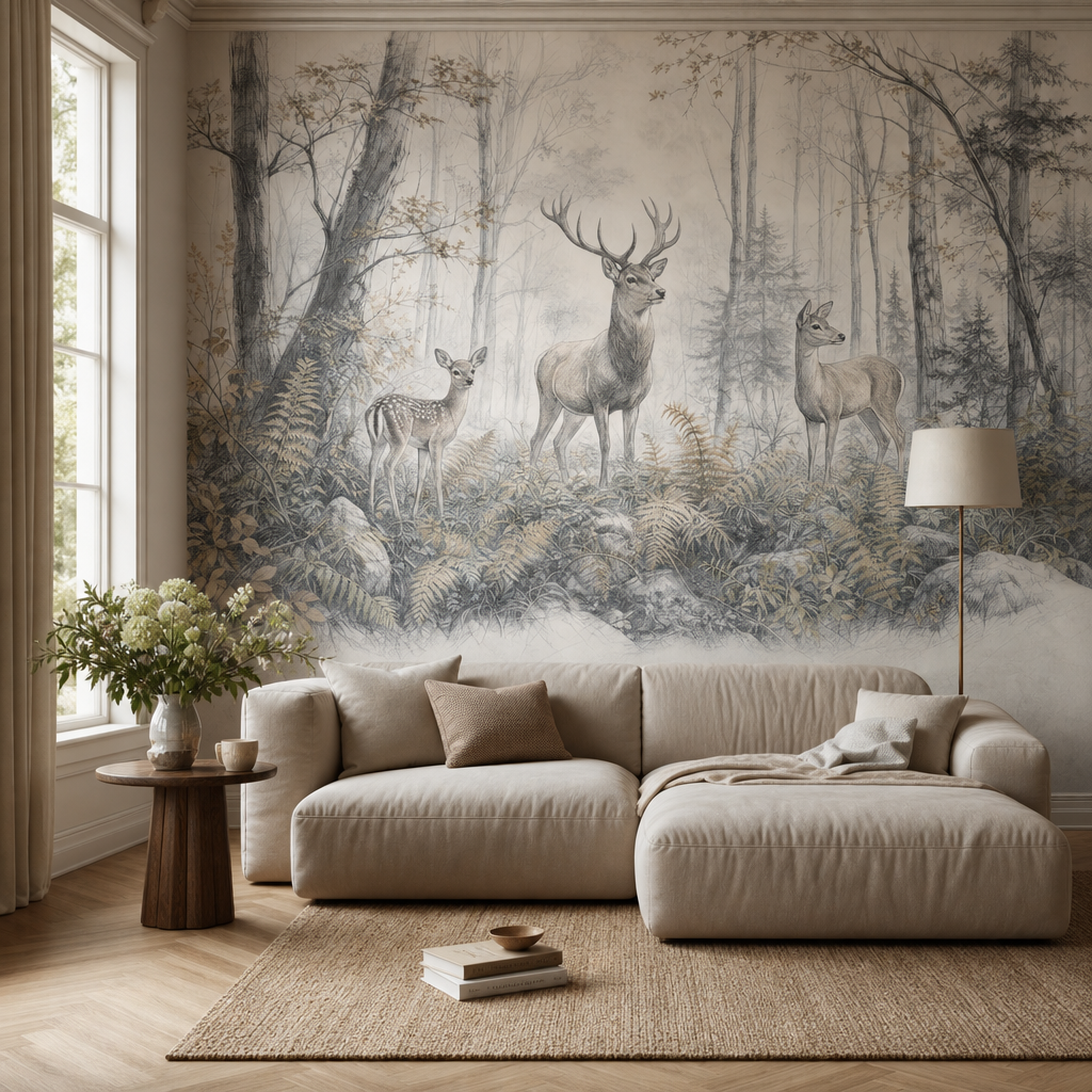 Misty Deer Woodland - Pencil living room mockup