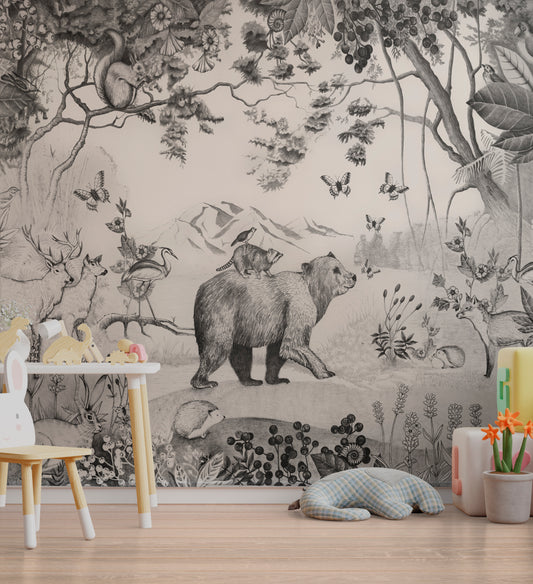 Wallpaper Kids Nursery Dubai Peps Wall A wall mural featuring a bear standing in a forest setting with trees and foliage. The mural is in black and white with grey tones.