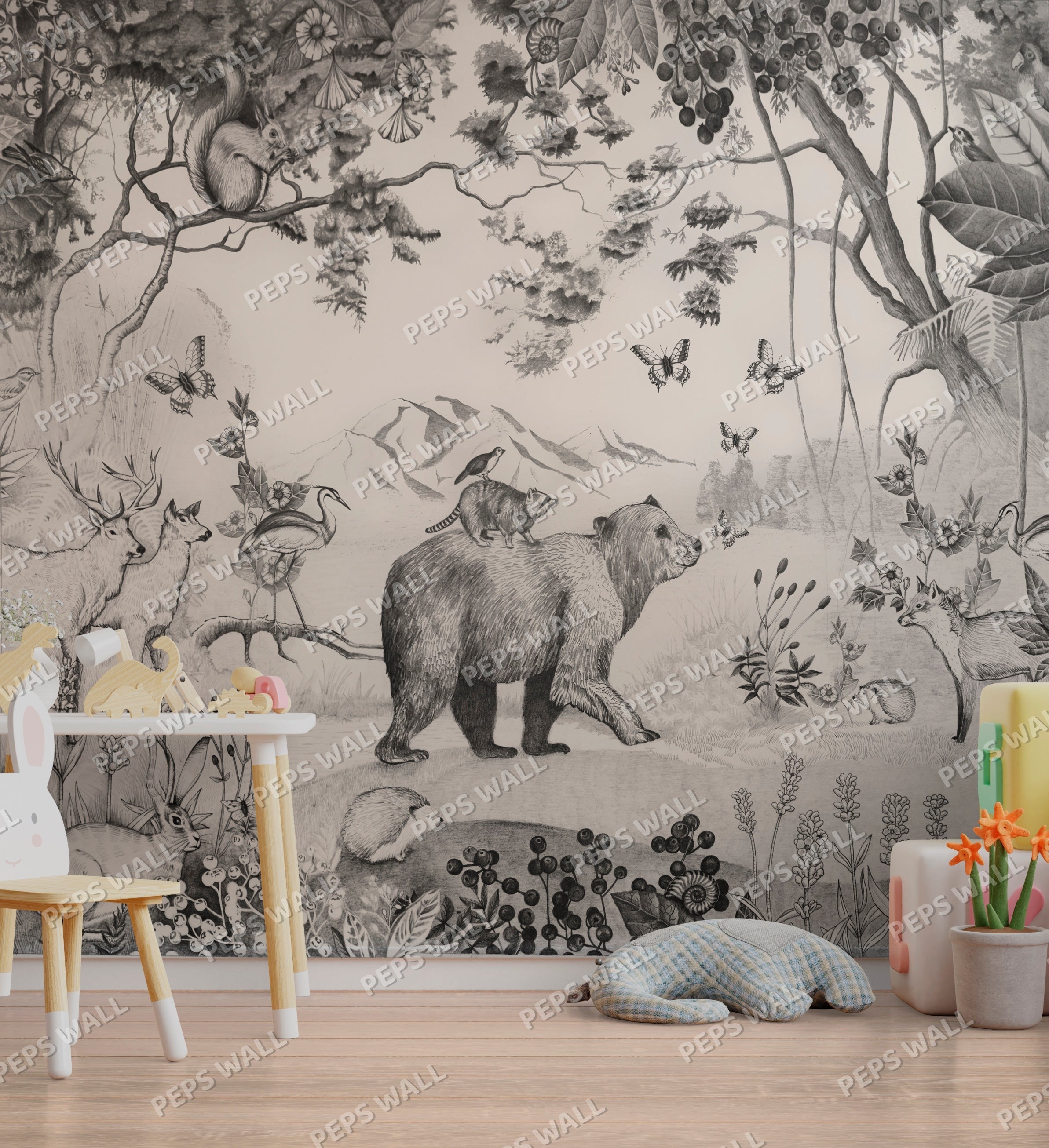Wallpaper Kids Nursery Dubai Peps Wall A wall mural featuring a bear standing in a forest setting with trees and foliage. The mural is in black and white with grey tones.