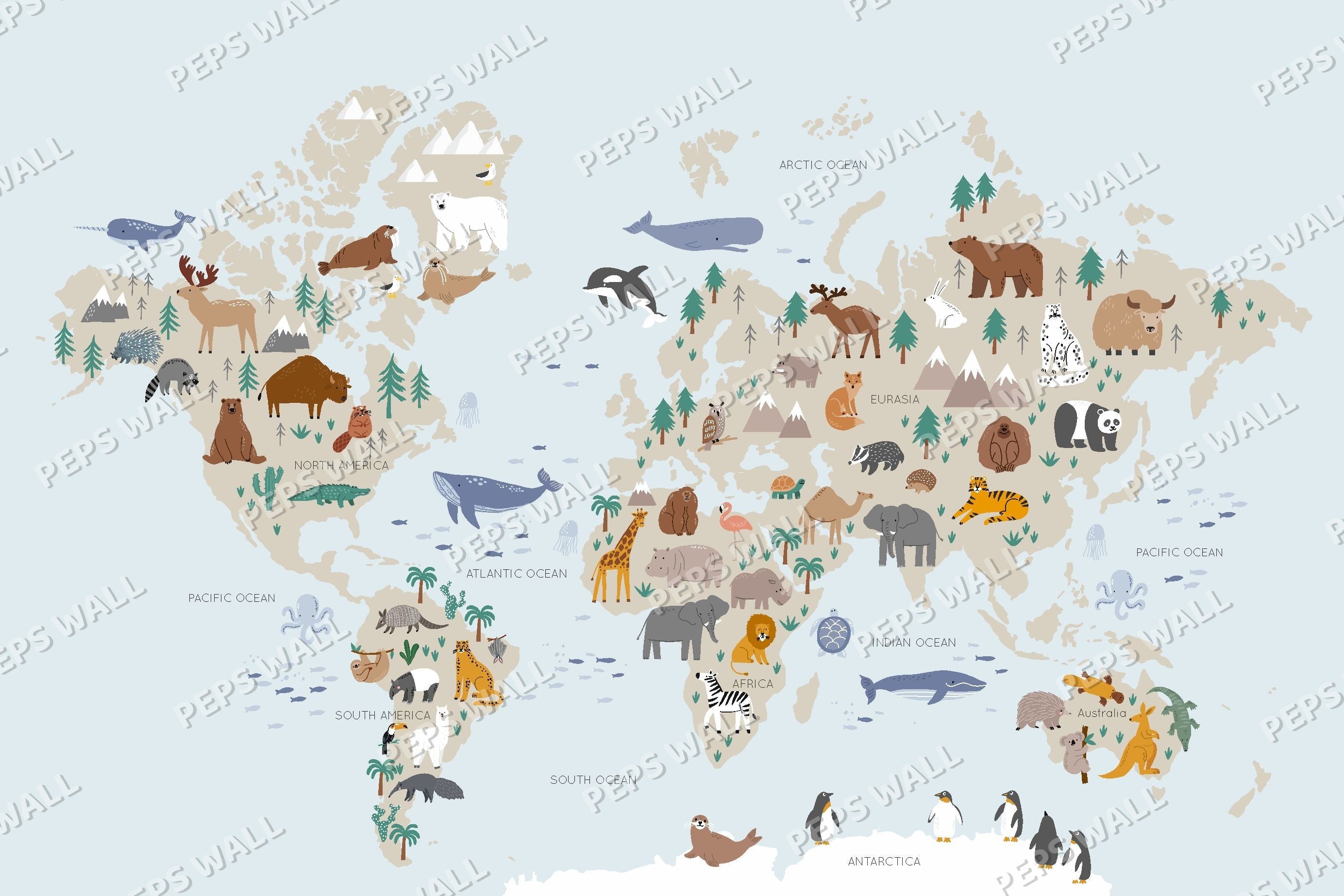 World Map - Watercolor Animals