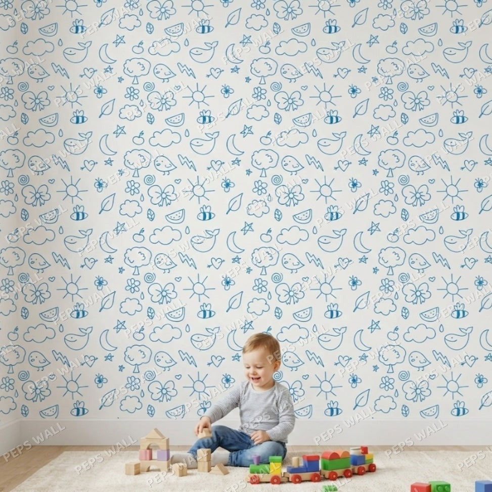 Blue graffitis — kids pattern wallpaper mural, Peps Wall Dubai
