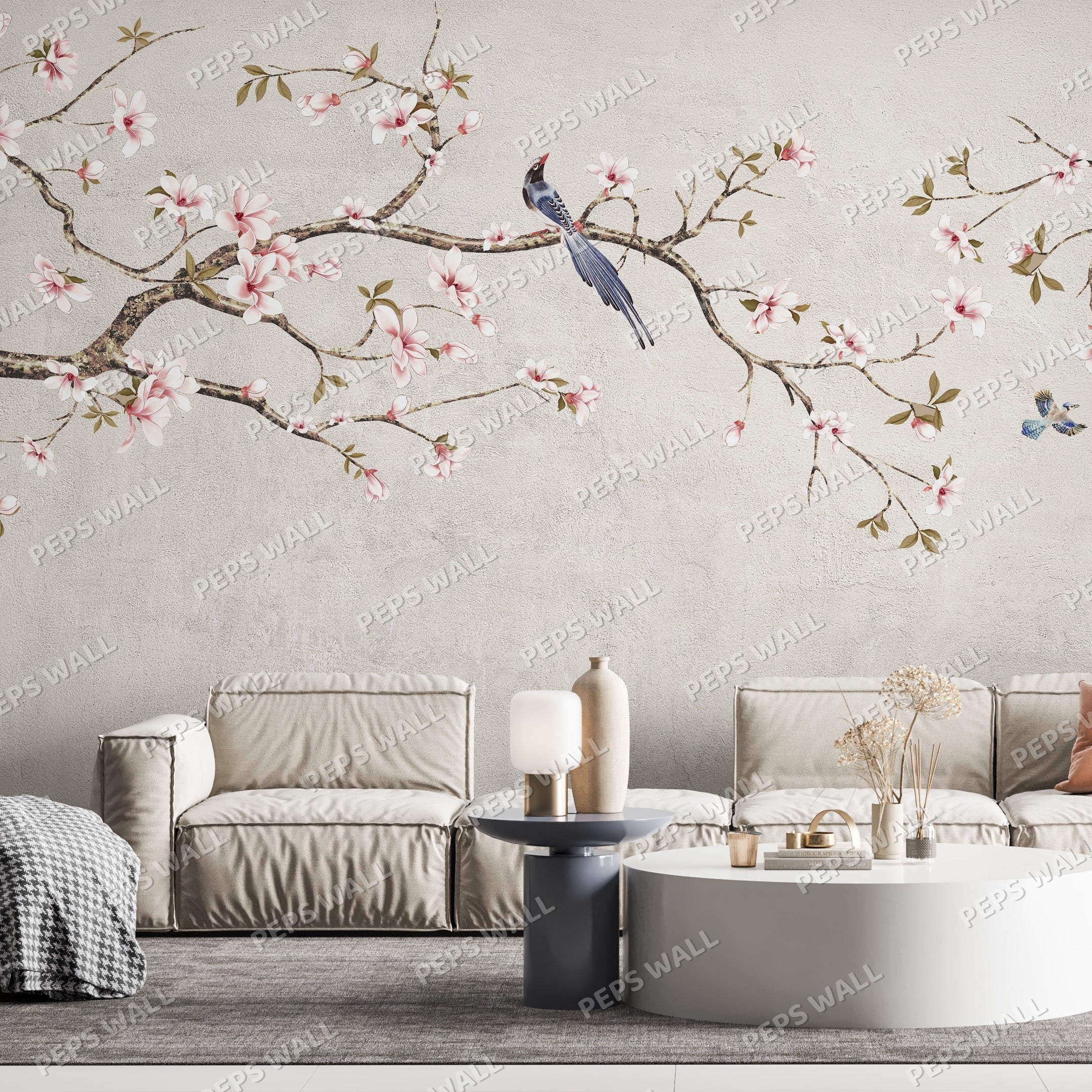 Modern living room with floral wall mural and furniture - Offwhite Wallpaper