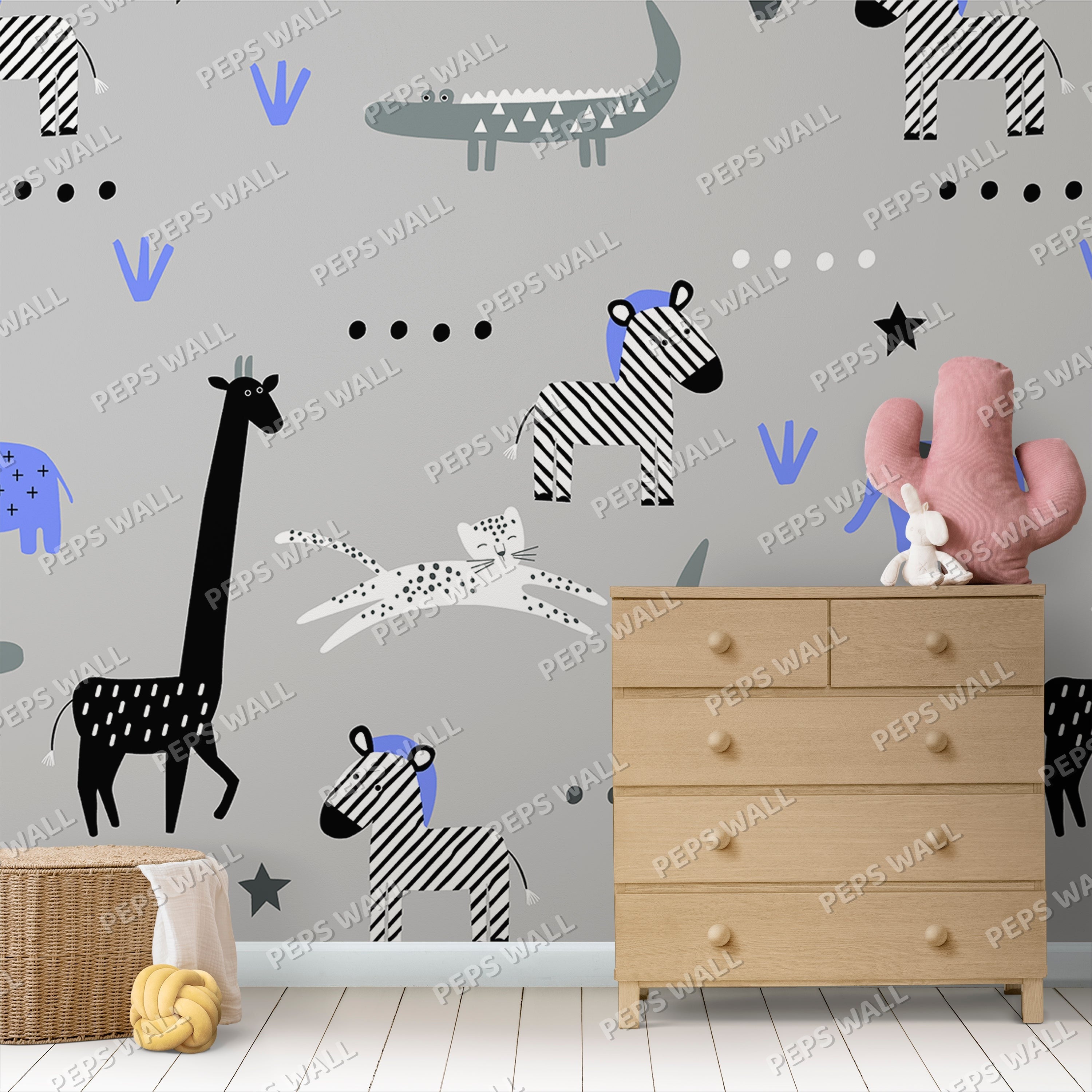 Funny animals in grey background — kids safari animal wallpaper mural, Peps Wall Dubai