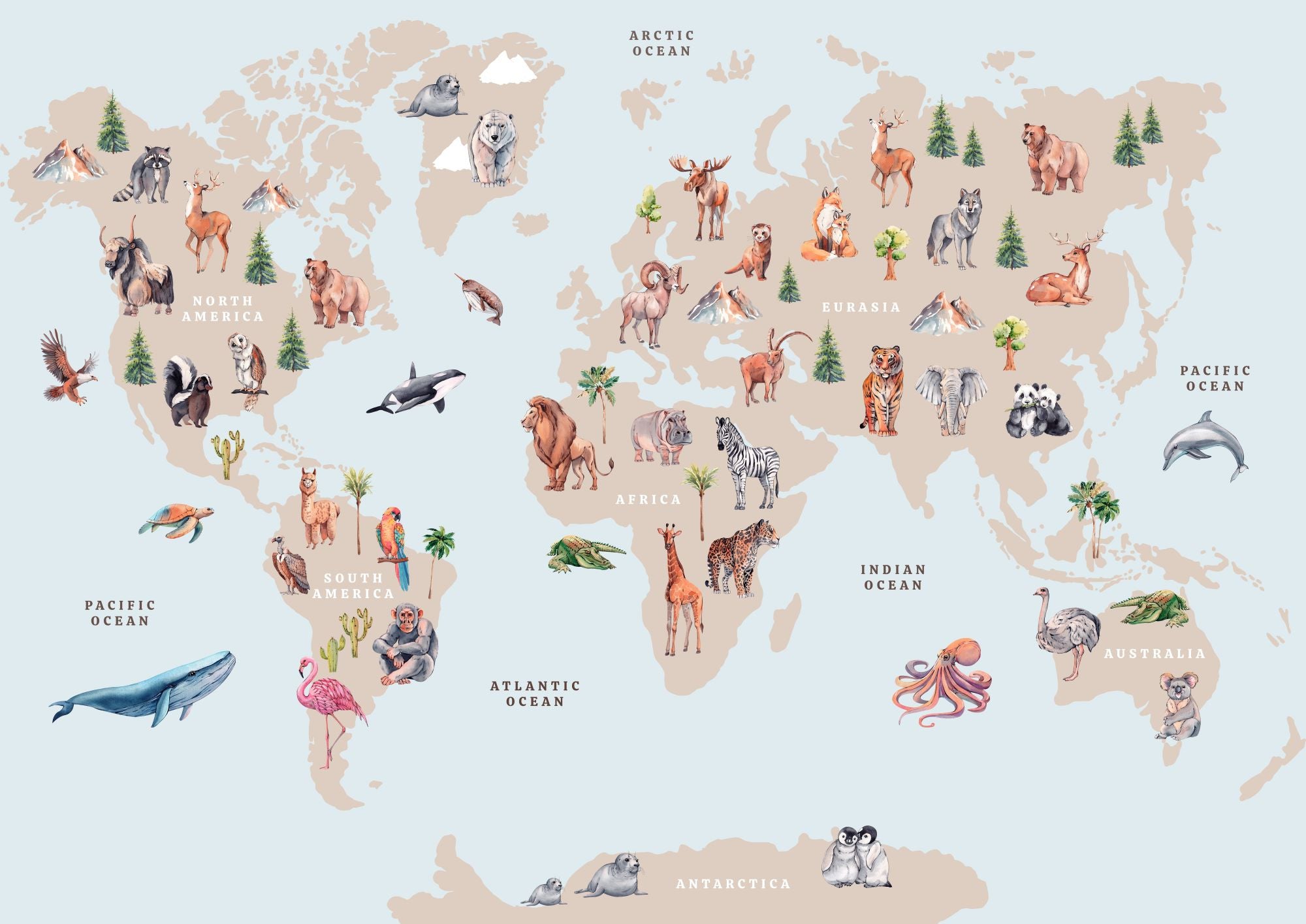 World Map Blue - Realistic Animals