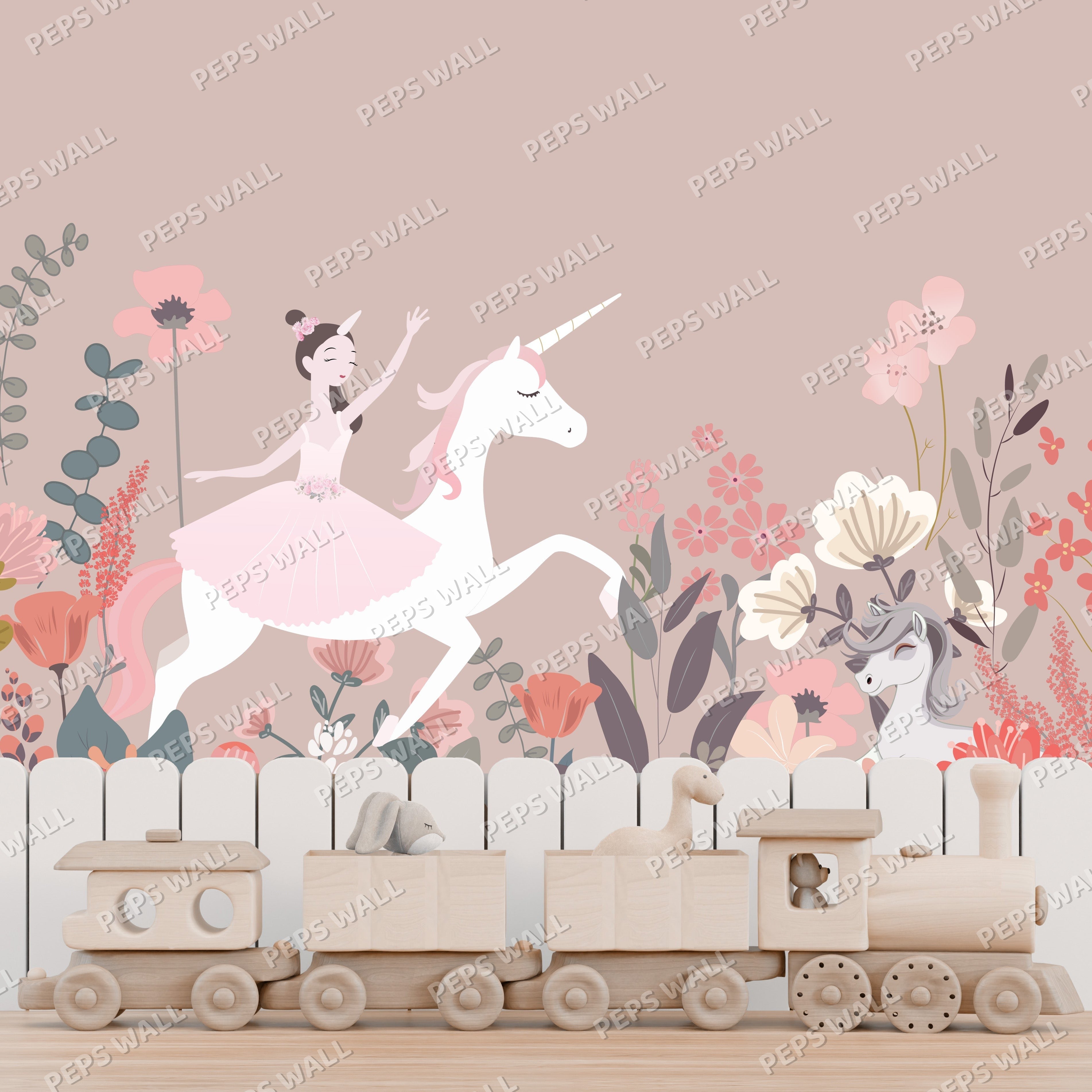Wooden toy train with a unicorn and ballerina design against a floral wall. Wallpaper Kids