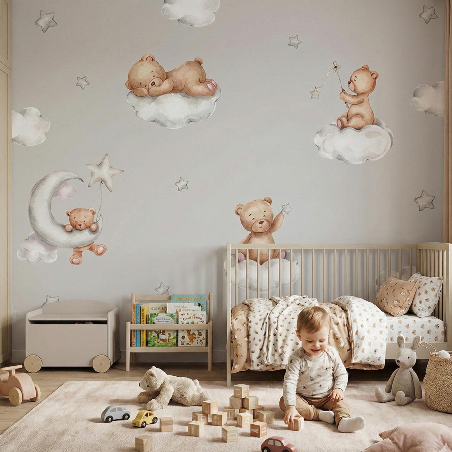Children's room with teddy bear wall decals and a baby playing with toys on the floor with wallpaper