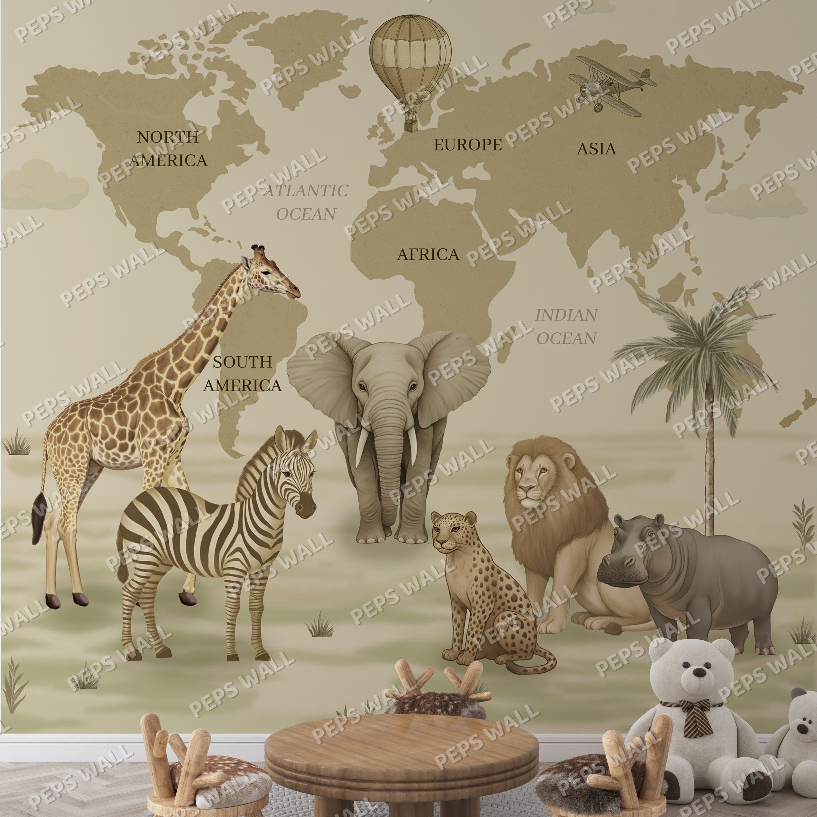 Jungle Map — kids world map wallpaper Dubai, Peps Wall