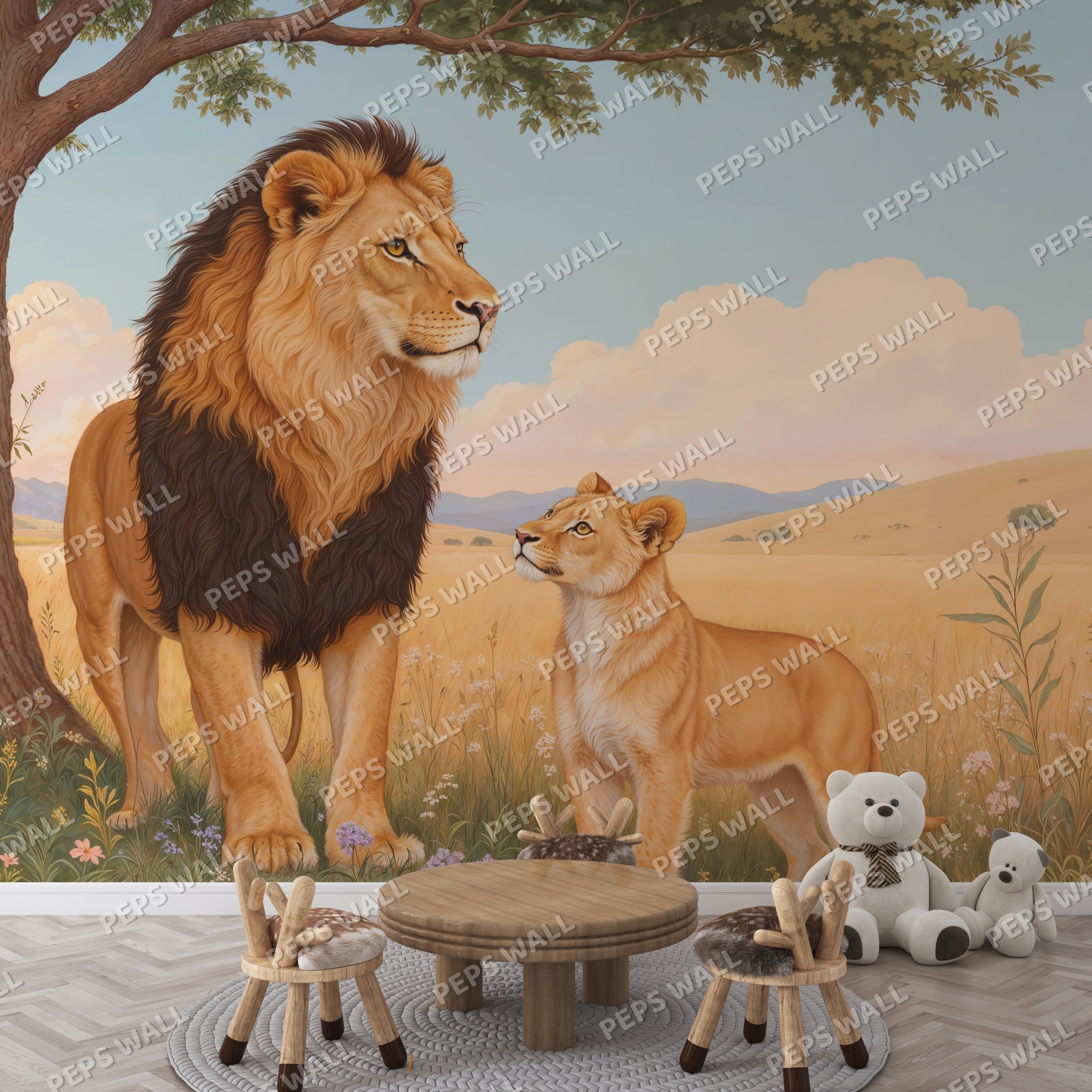 Lion & Cub — kids animal wallpaper Dubai, Peps Wall