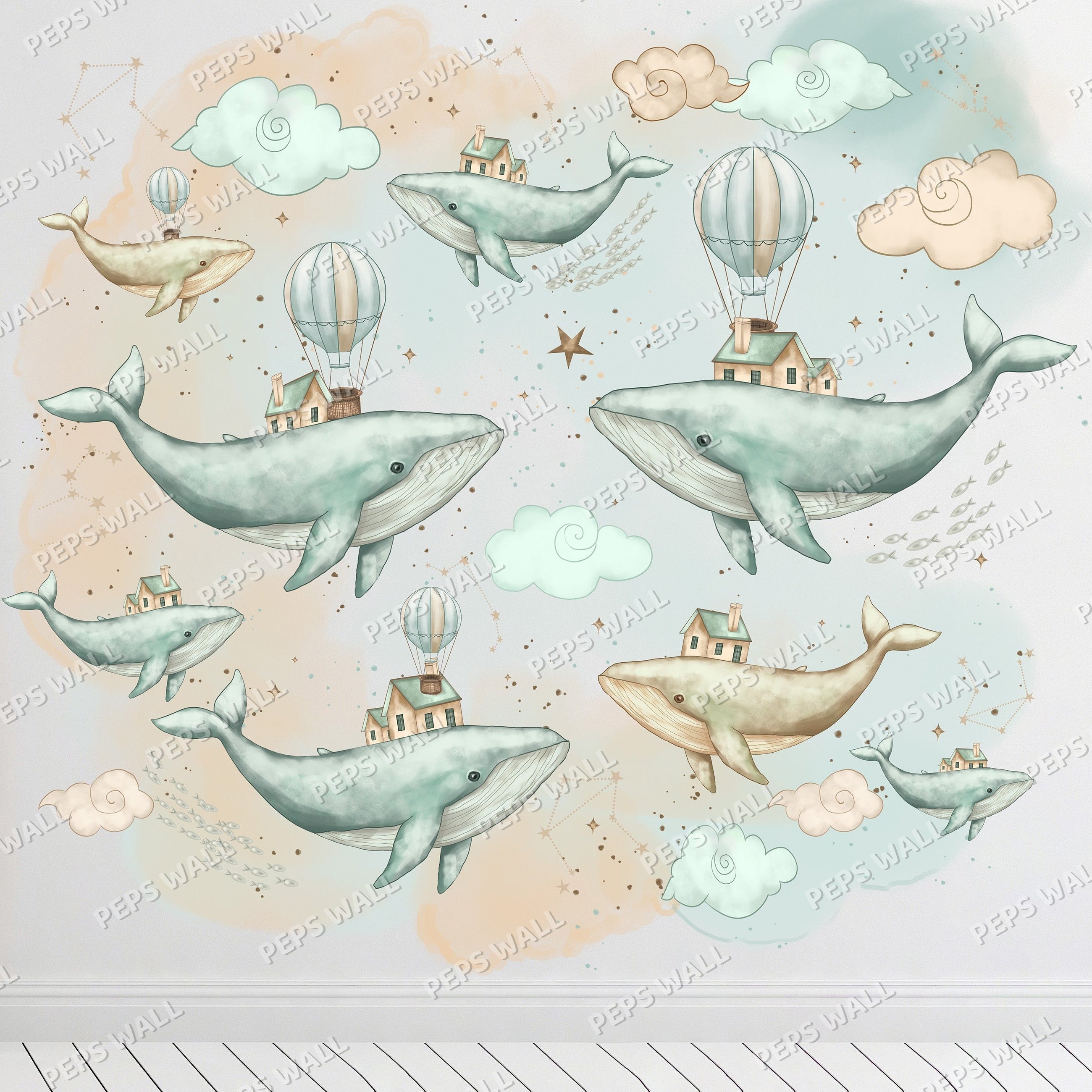 Whales with Hot Air Balloon — kids space wallpaper Dubai, Peps Wall
