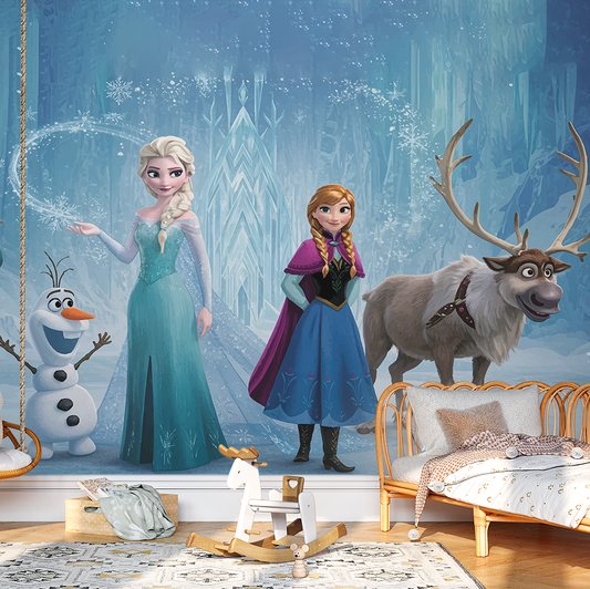 Children's room with 'Frozen' themed decor featuring characters and a snowy landscape.