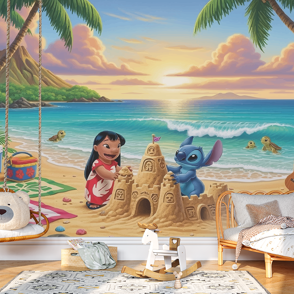 Children's room with a beach-themed wall mural featuring Lilo and Stitch building a sandcastle.