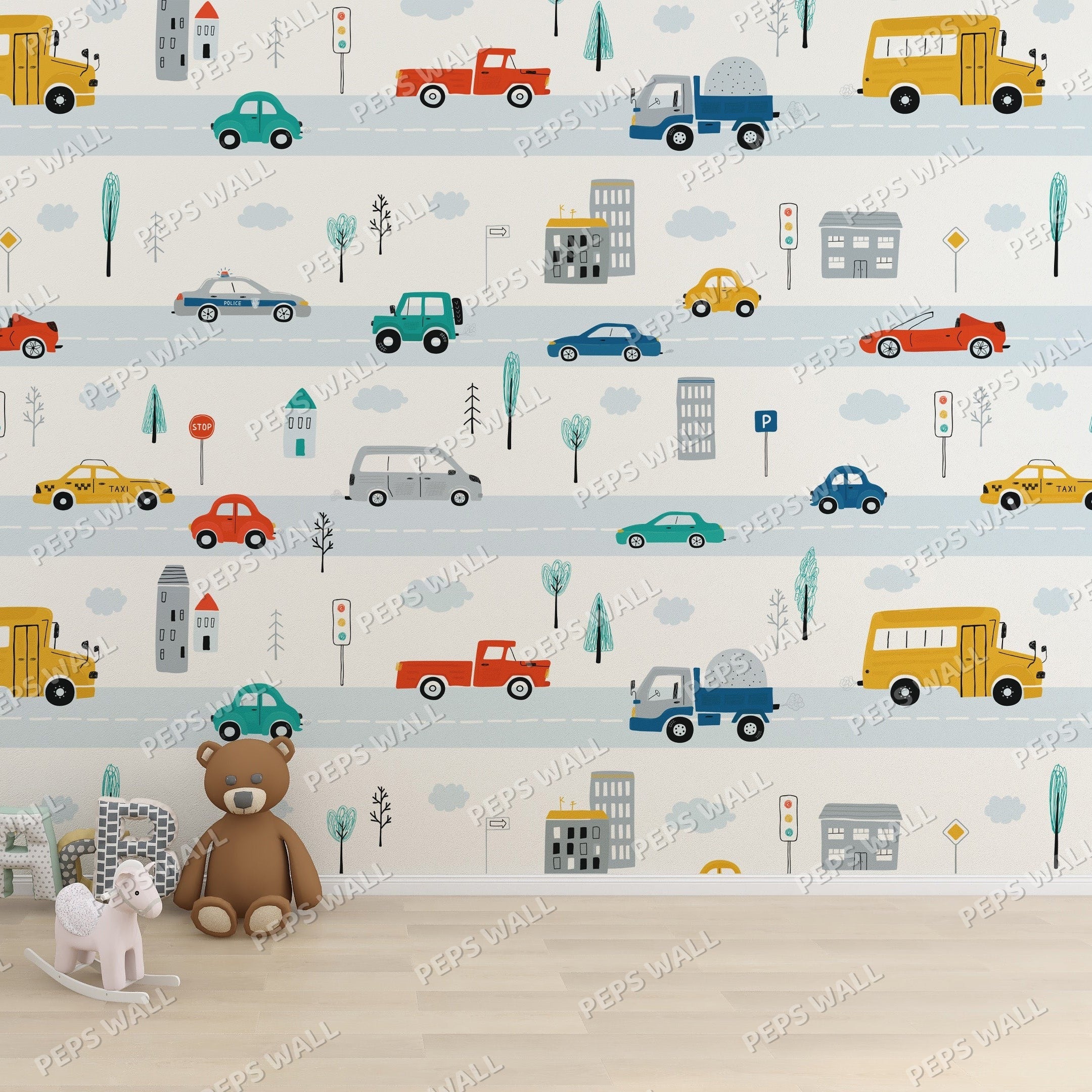 Cars on the road — kids car wallpaper Dubai, Peps Wall