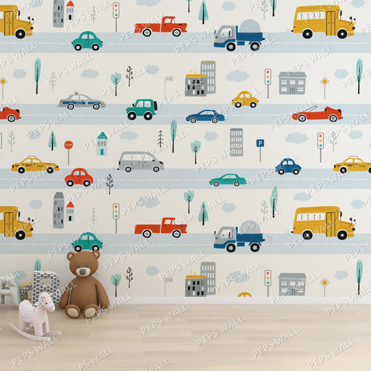 Cars on the road — kids car wallpaper Dubai, Peps Wall