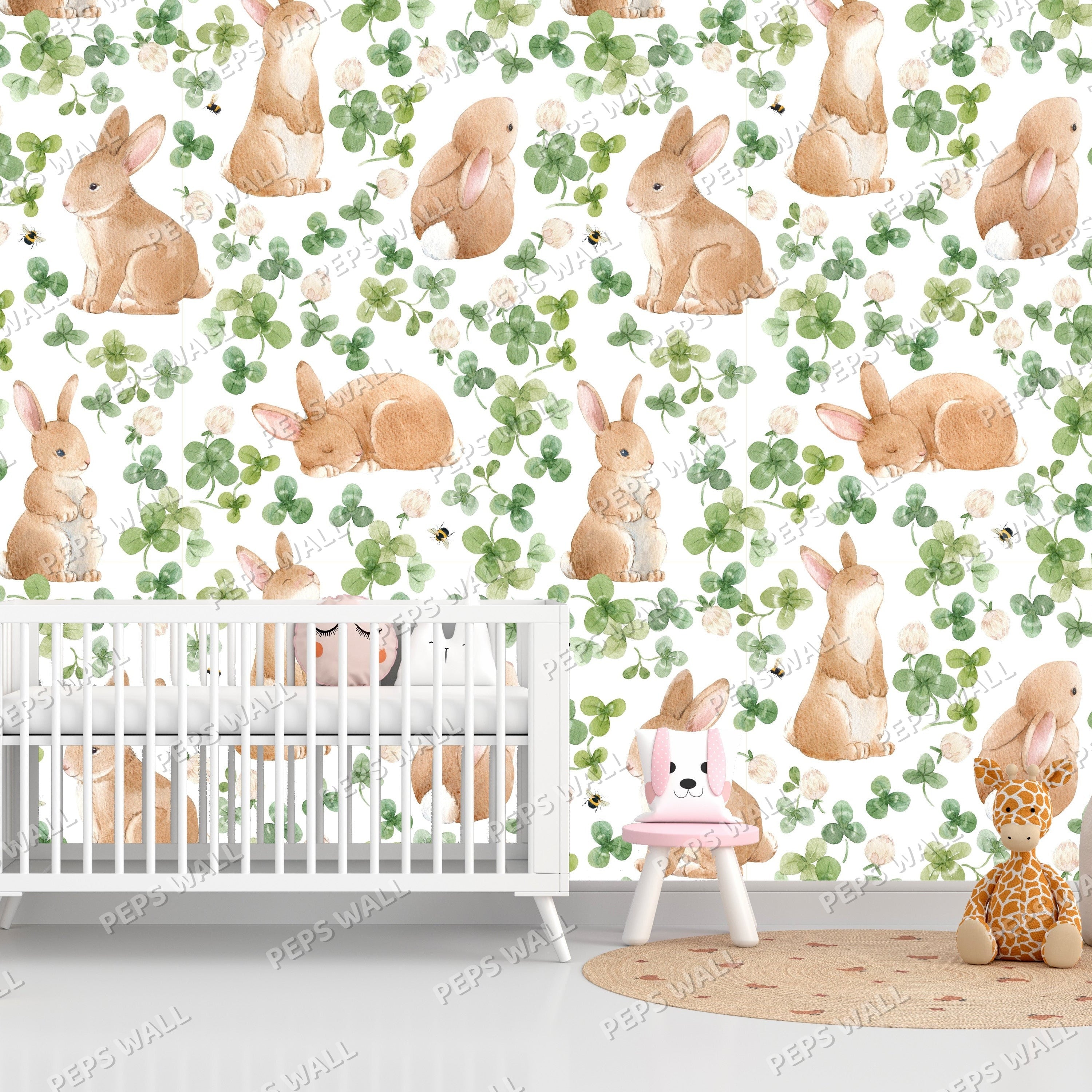 Children's room with a crib and toys against a wall with a rabbit. Wallpaper Dubai Wallpaper Kids