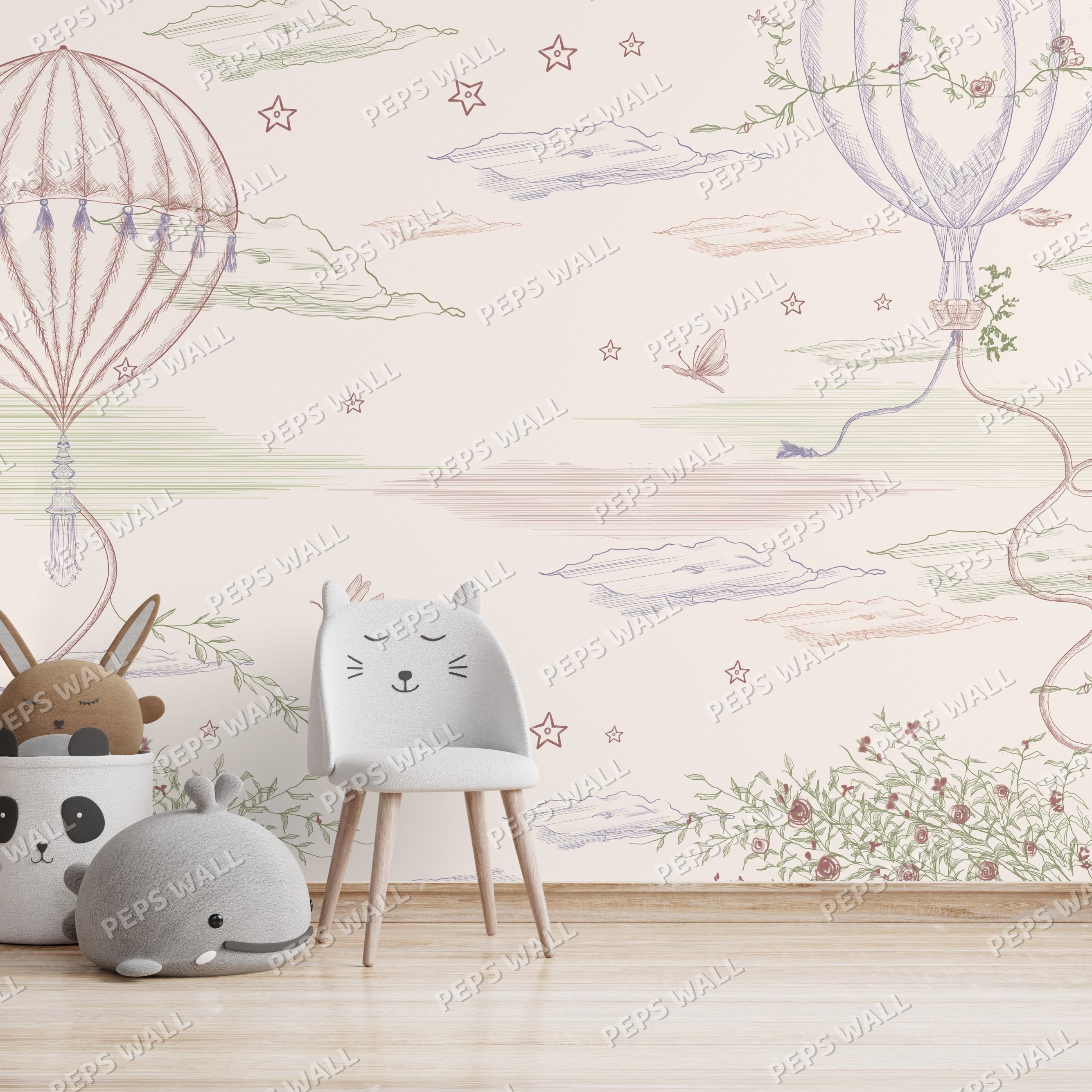 Hot Air Balloon - Line Art — kids space wallpaper Dubai, Peps Wall