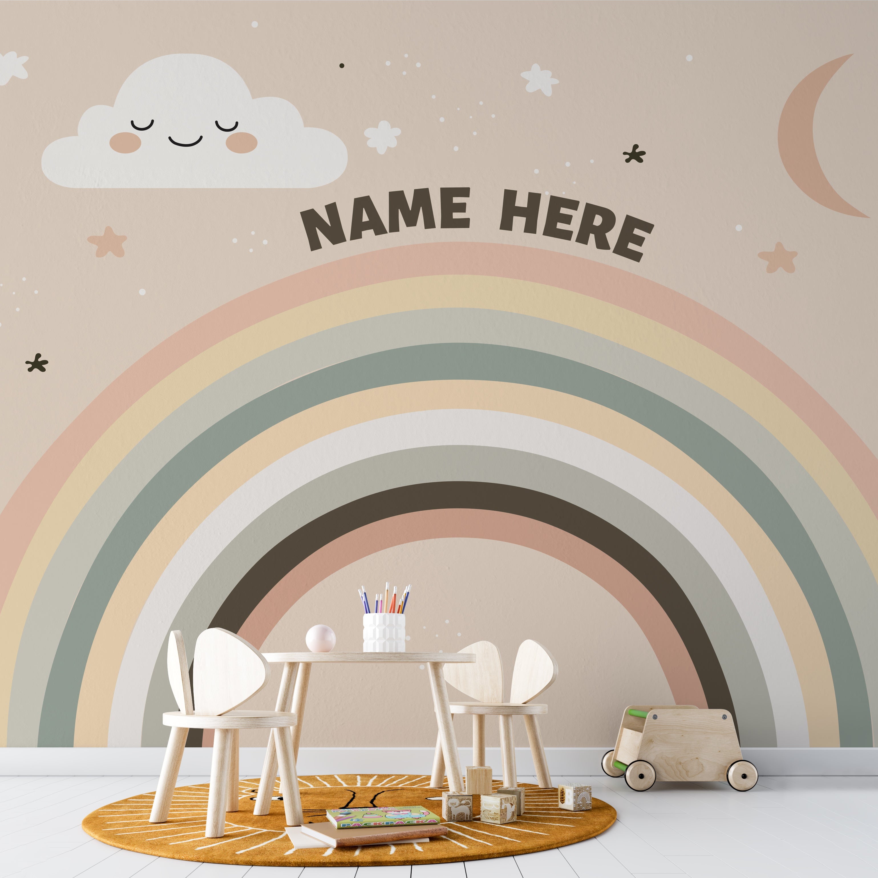 Children's room with a rainbow wall mural, table, chairs, and toys. Wallpaper Dubai