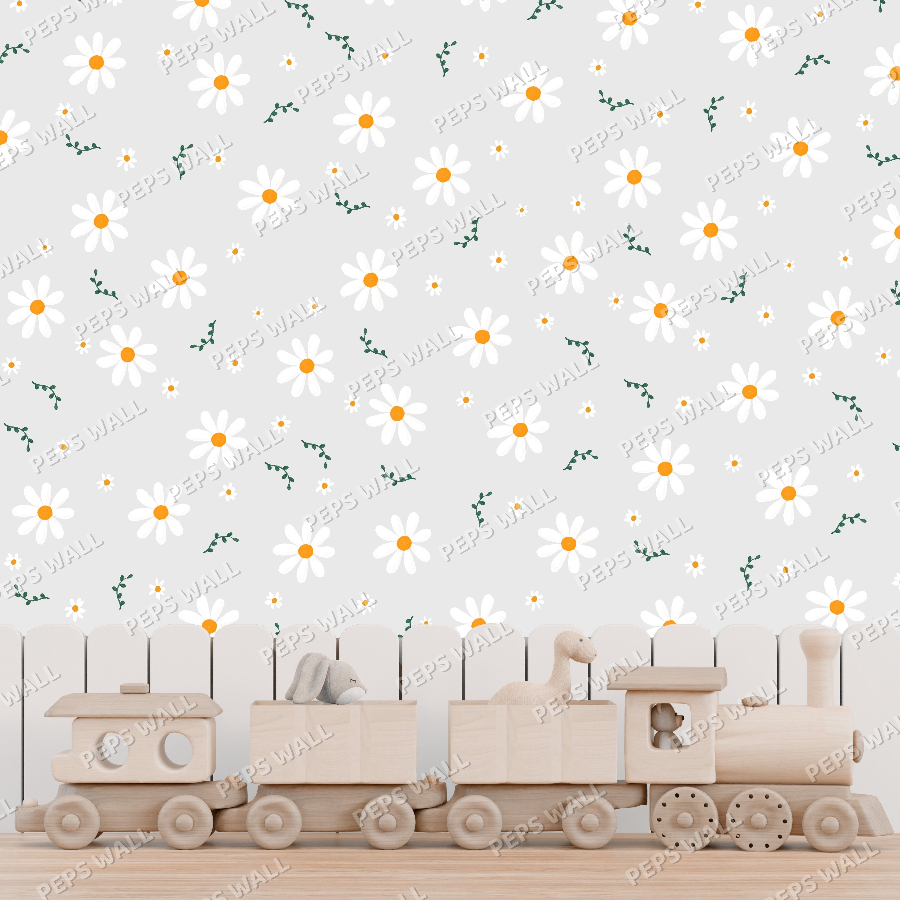 Wooden toy train set against a floral wallpaper background. Wallpaper Dubai