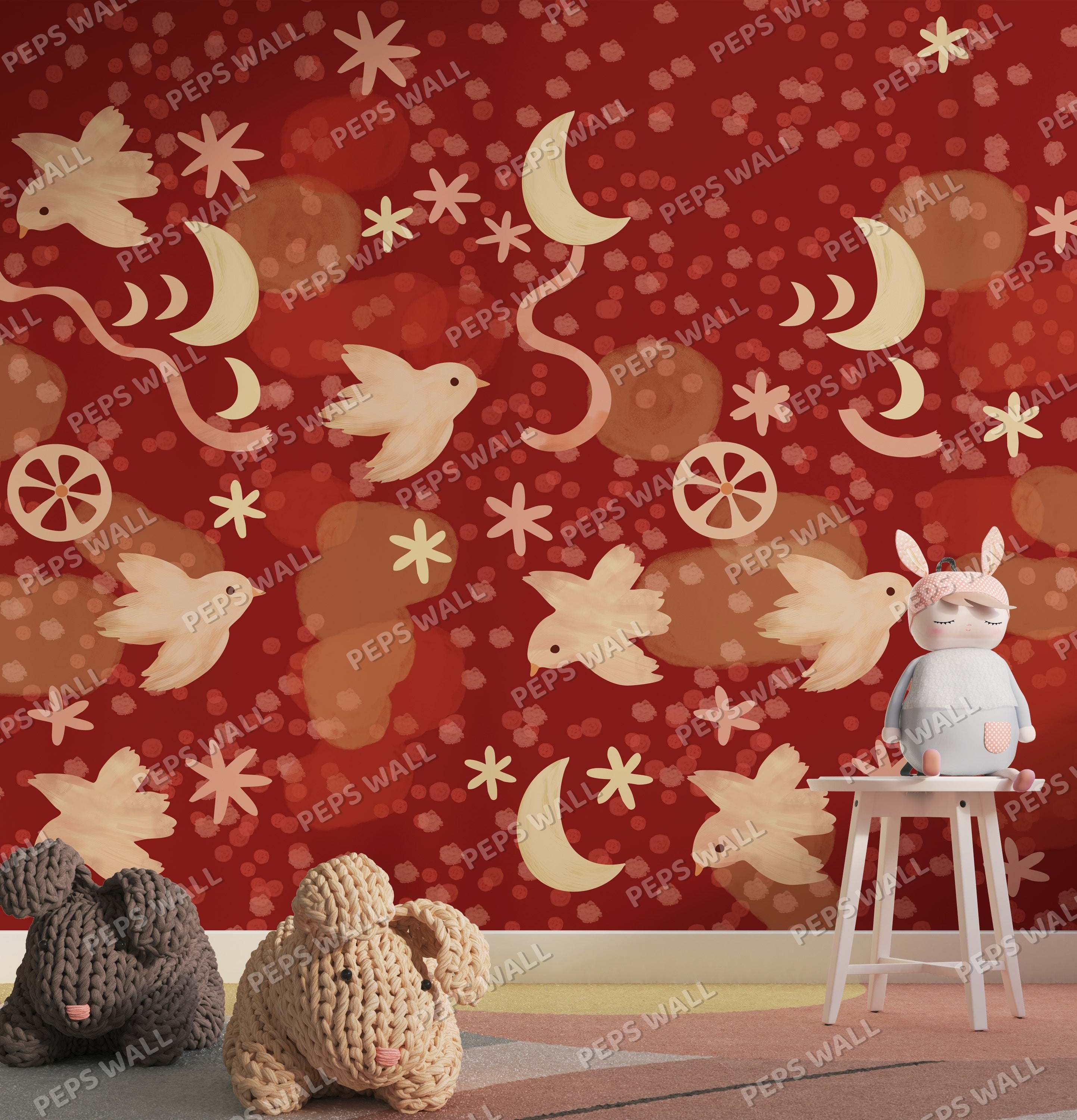 Crimson Moon & Doves — kids pattern wallpaper Dubai, Peps Wall
