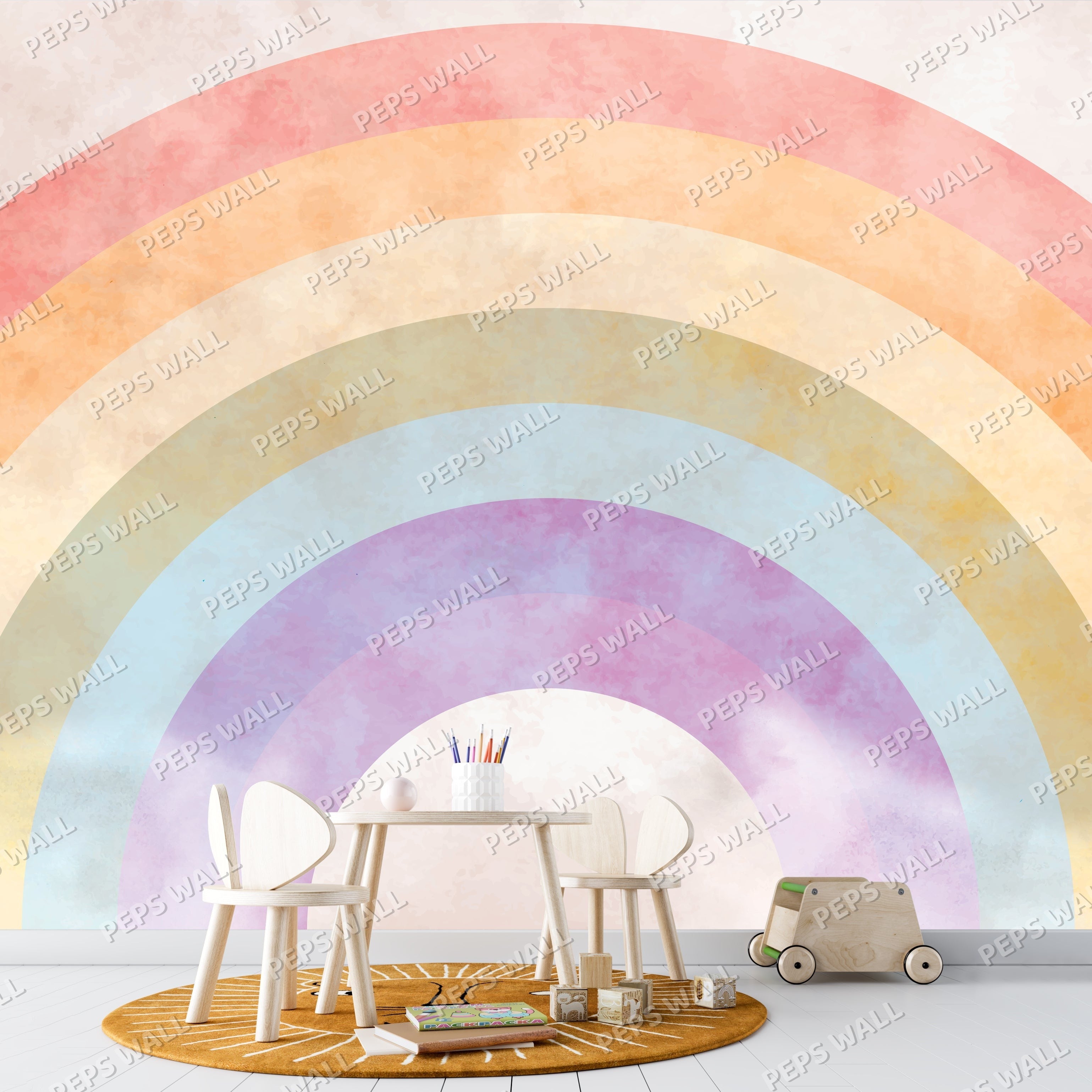 Children's play area with a colorful rainbow mural on the wall. Wallpaper kids