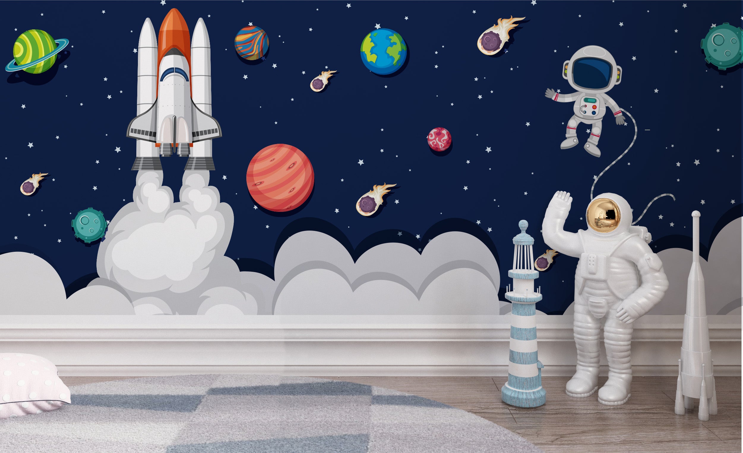 Children's room with space-themed decor including a rocket, planets, and an astronaut. Wallpaper