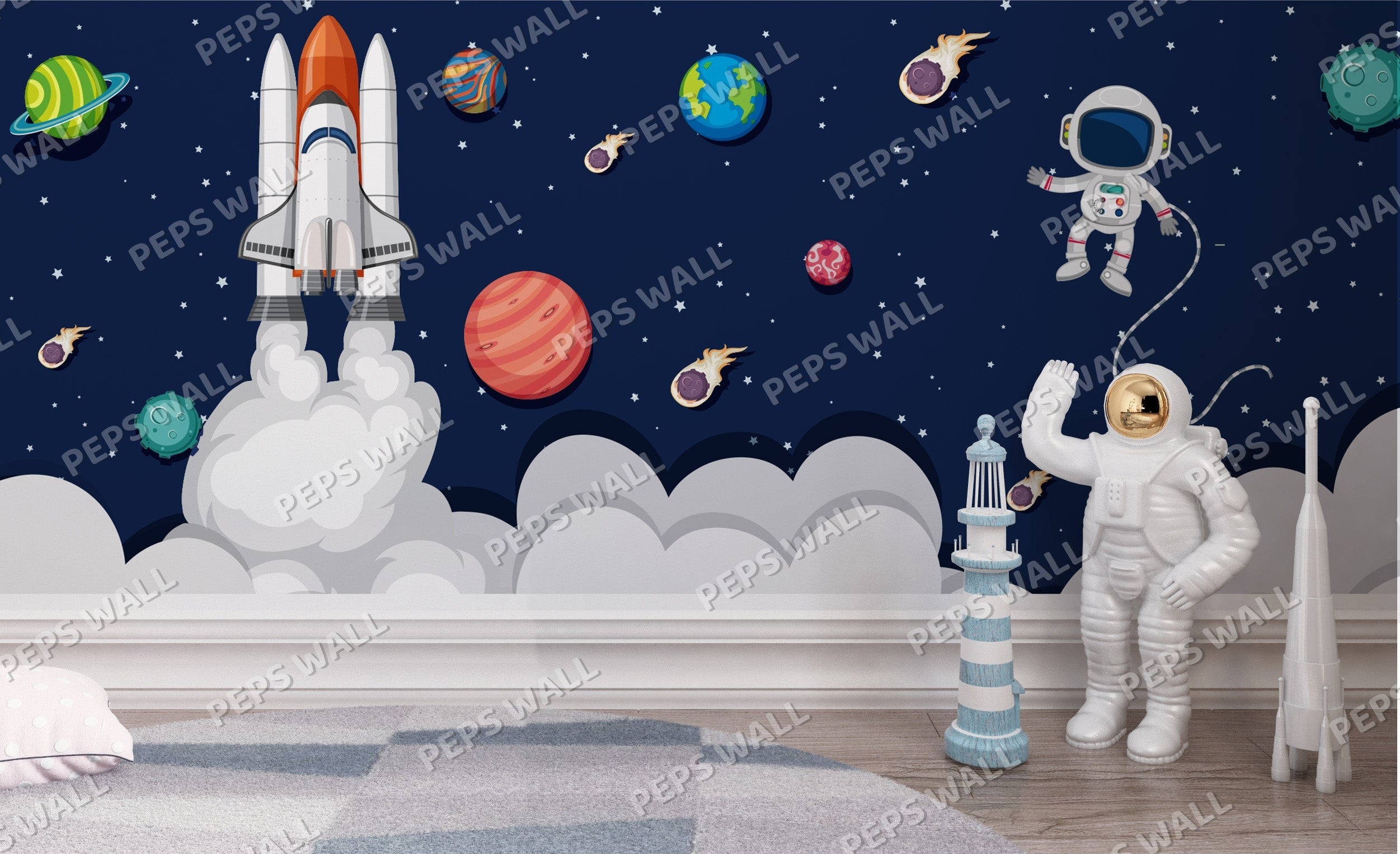 Children's room with space-themed decor including a rocket, planets, and an astronaut. Wallpaper