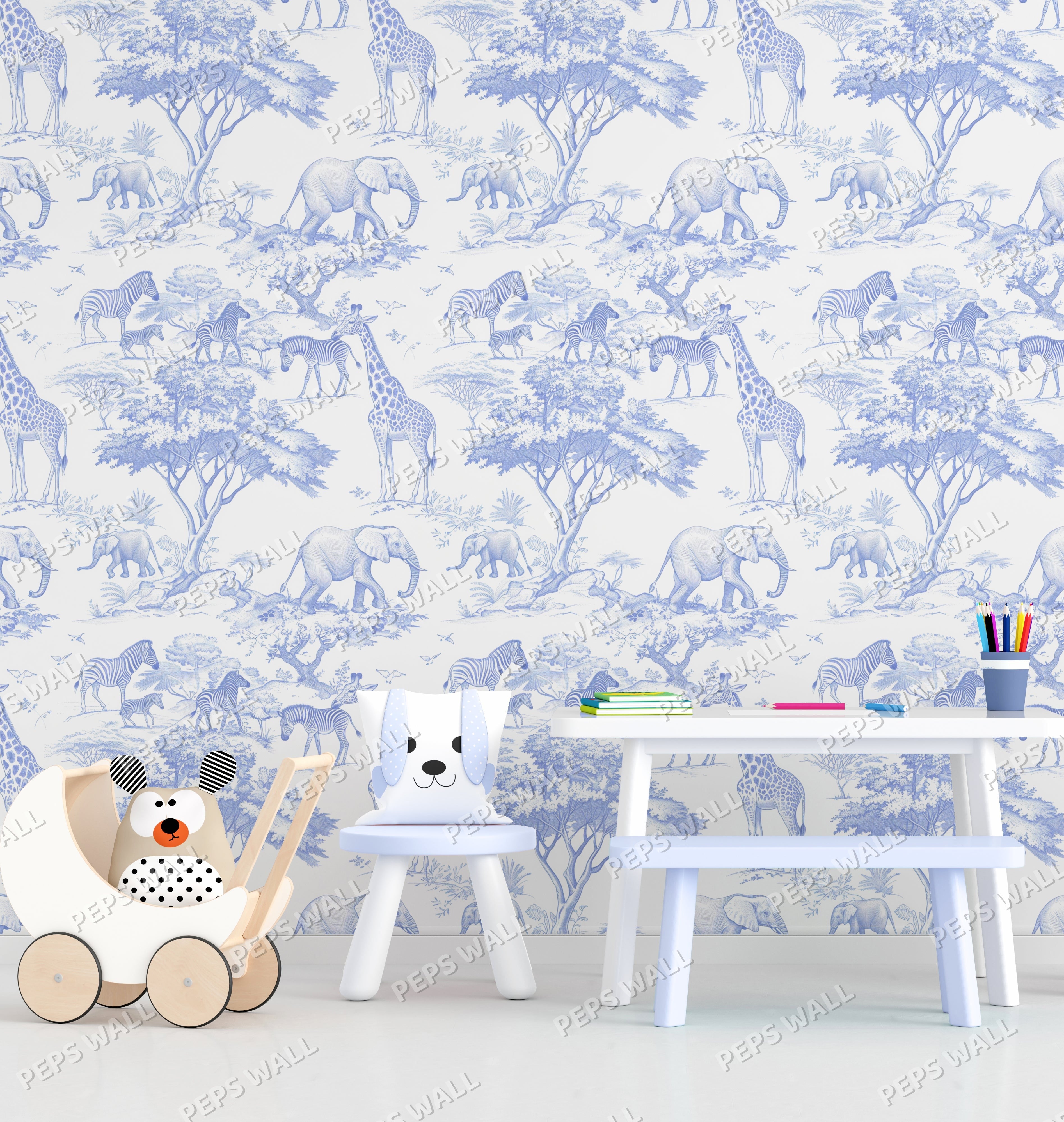 Blue Safari — kids animal wallpaper Dubai, Peps Wall