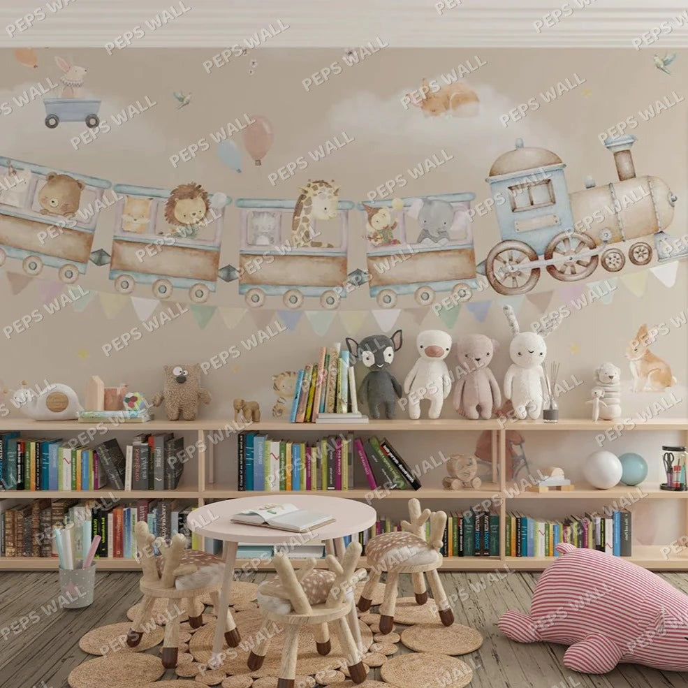 Wallpaper Kids Nursery Dubai Peps Wall A toy train with animal figures attached to it, displayed in a room with children's furniture and decorations.