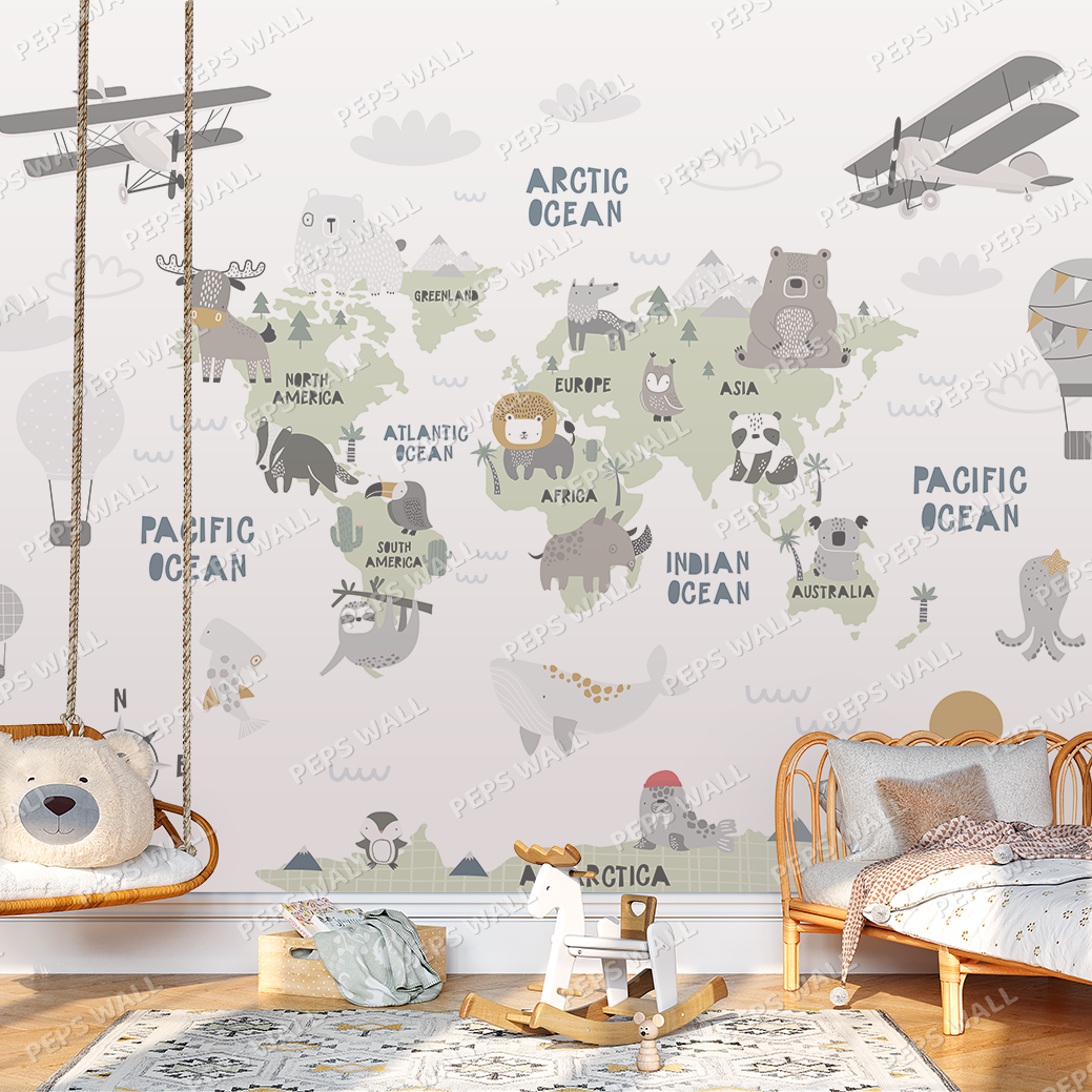 Children's room with a world map wall decal, wooden furniture, and toys.