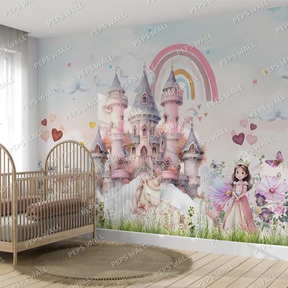 Children's room with a crib and a colorful castle mural on the wall.