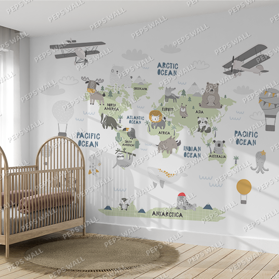 Cute Animal Map — kids world map wallpaper Dubai, Peps Wall
