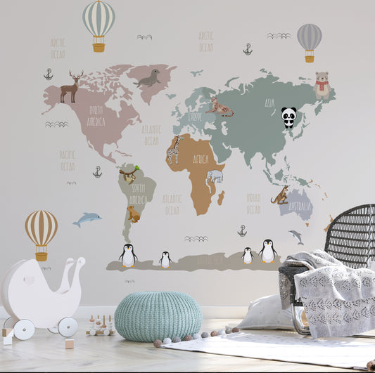 Wallpaper Kids Nursery Dubai World map wall decal with animals in a child's room