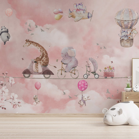 Wallpaper Kids Nursery Dubai Children's room with cartoon wall mural, toys, and a dresser.