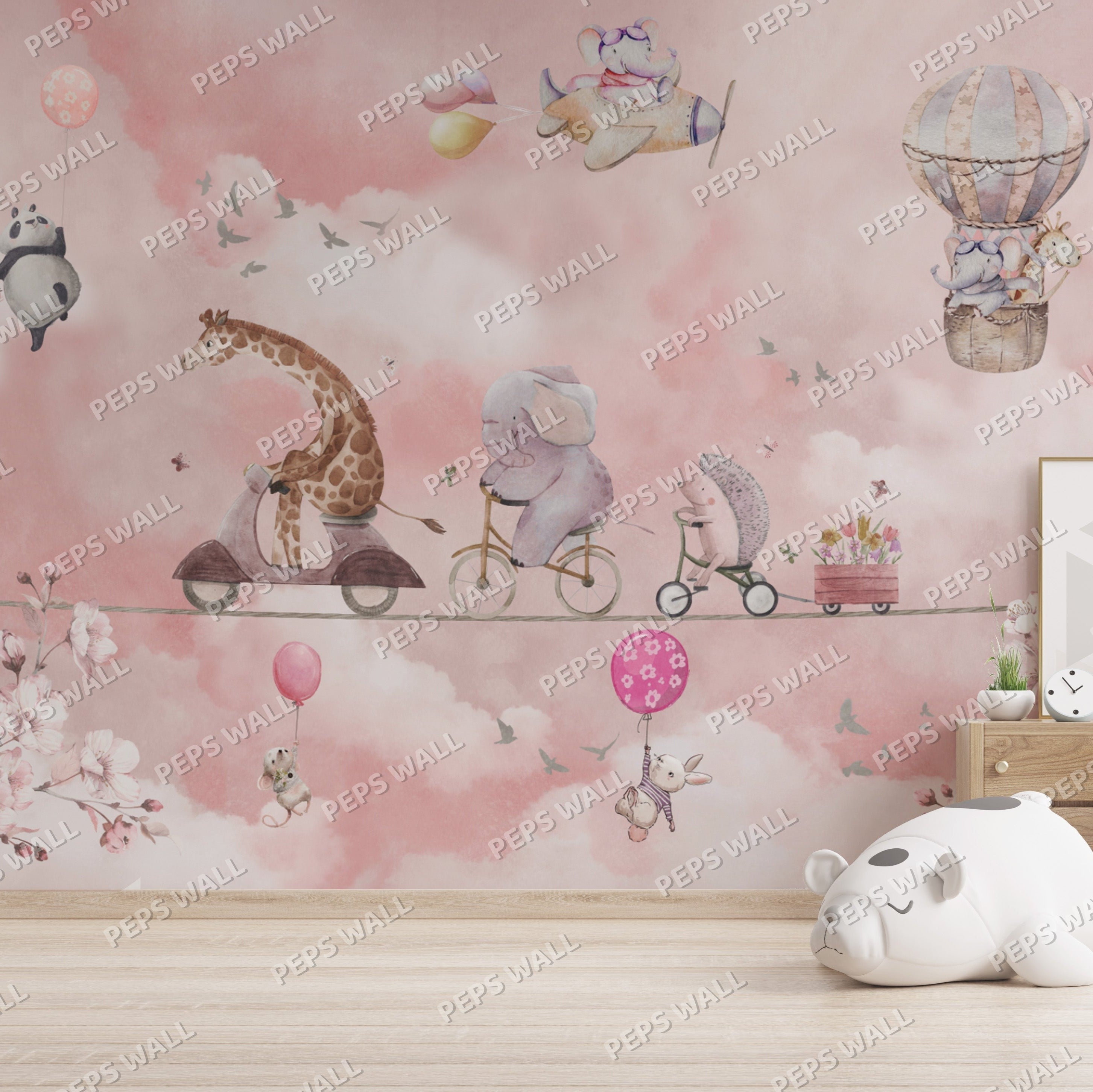 Wallpaper Kids Nursery Dubai Children's room with cartoon wall mural, toys, and a dresser.