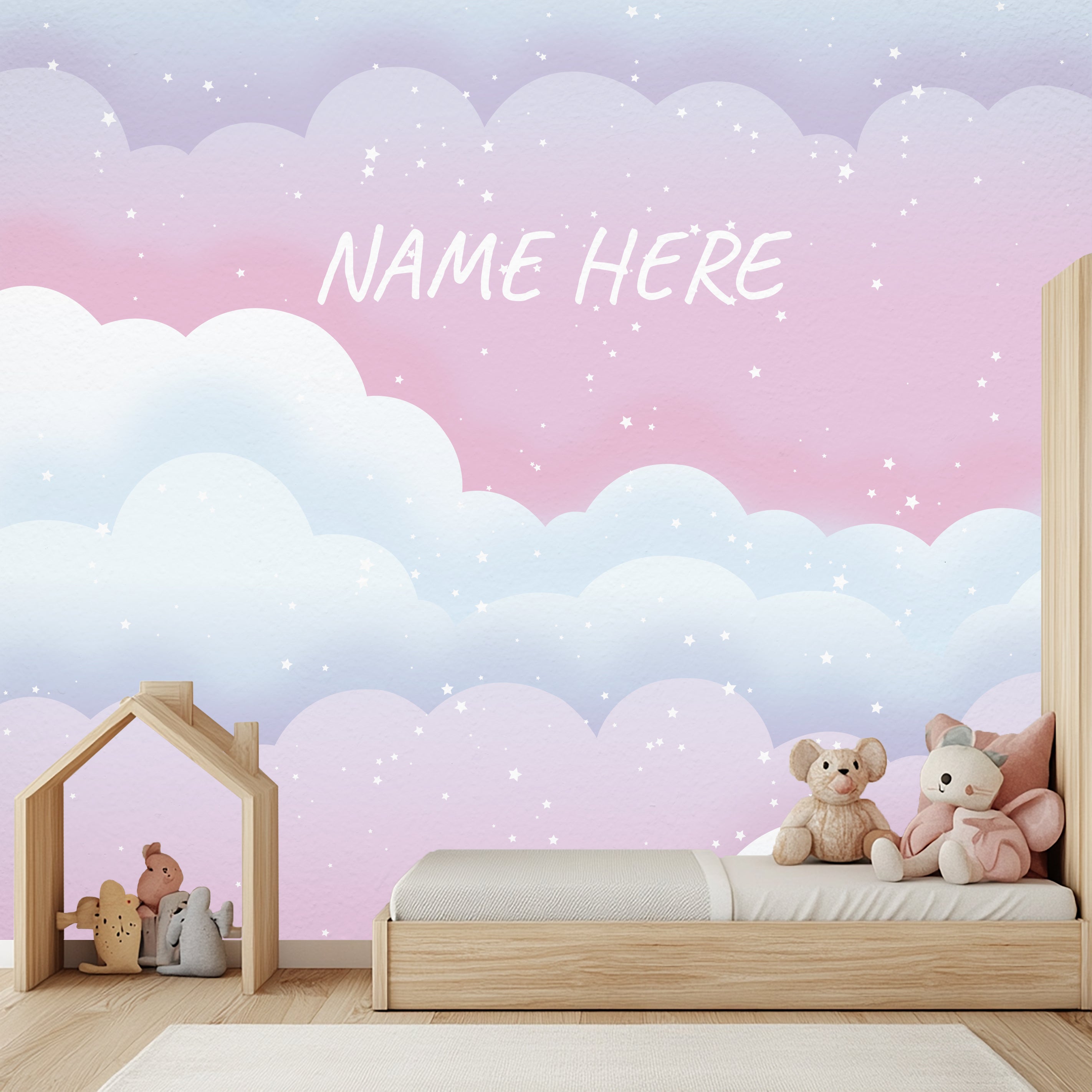 Wallpaper Kids Nursery Dubai Children's room with a bed, toys, and a pastel cloud-themed wall.