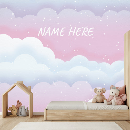 Wallpaper Kids Nursery Dubai Children's room with a bed, toys, and a pastel cloud-themed wall.