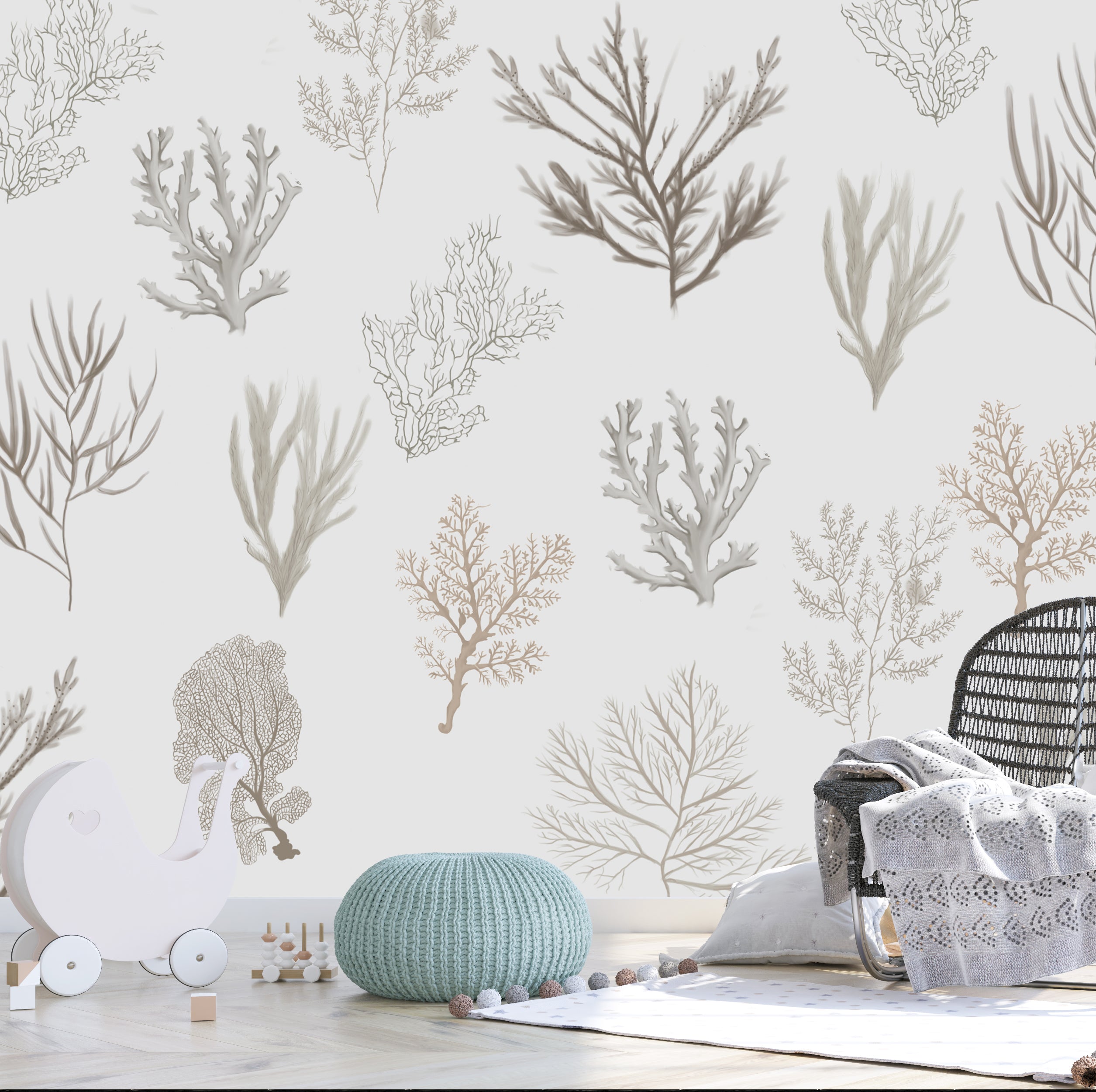 Wallpaper Kids Nursery Dubai Wallpaper with coral and plant patterns in a room with toys and furniture.