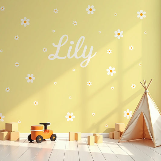 Wallpaper Kids Nursery Dubai Children's room with a yellow wall, toy car, blocks, and teepee with 'Lily' on the wall.